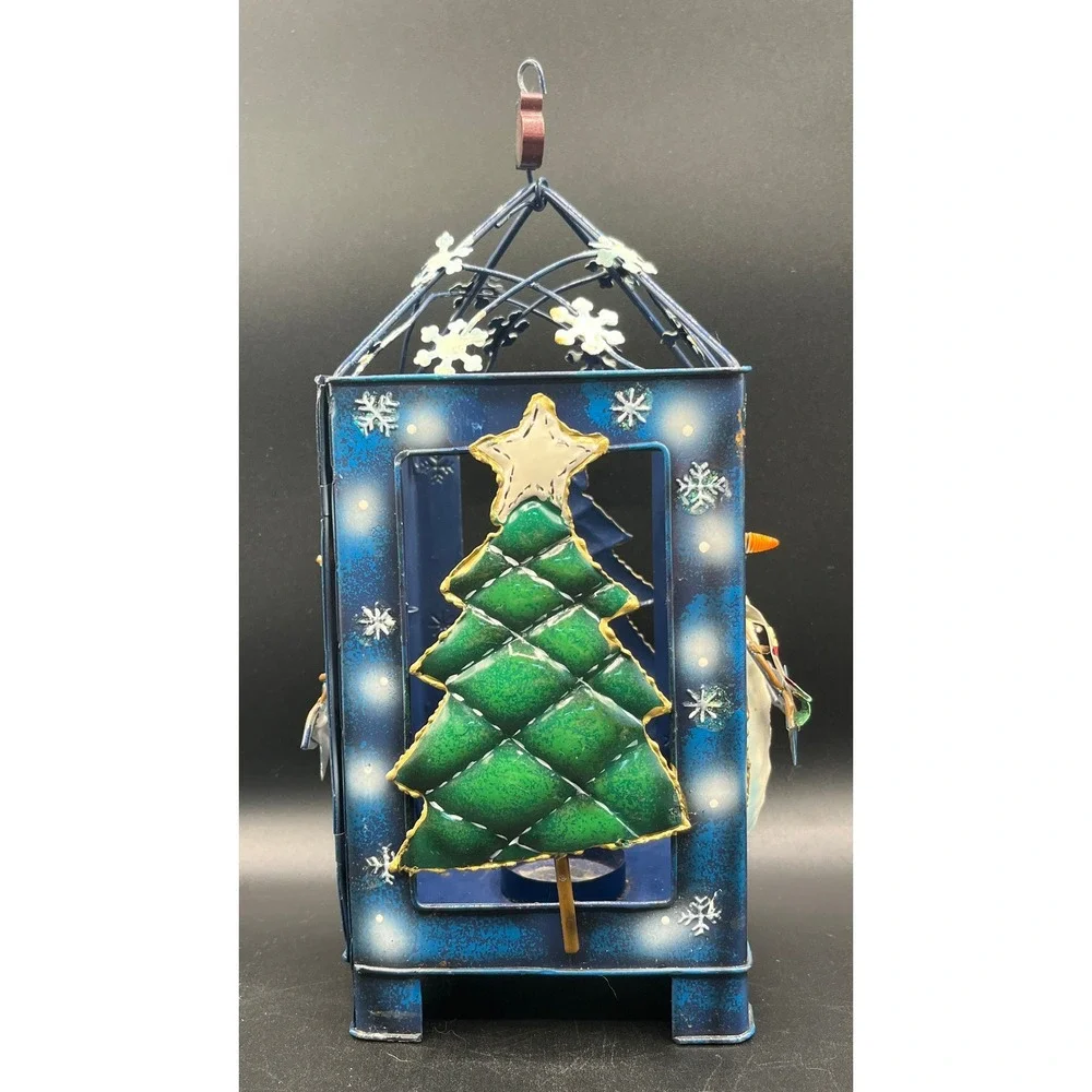 Blue Metal Christmas Lantern Snowman and Tree Holiday Tea Light Holder 11x4.5